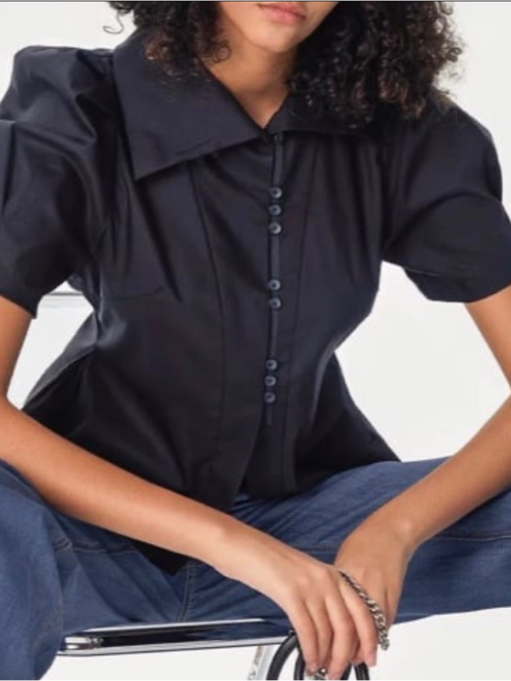 Black Puff-Sleeve Button-Front Shirt with Oversized Collar